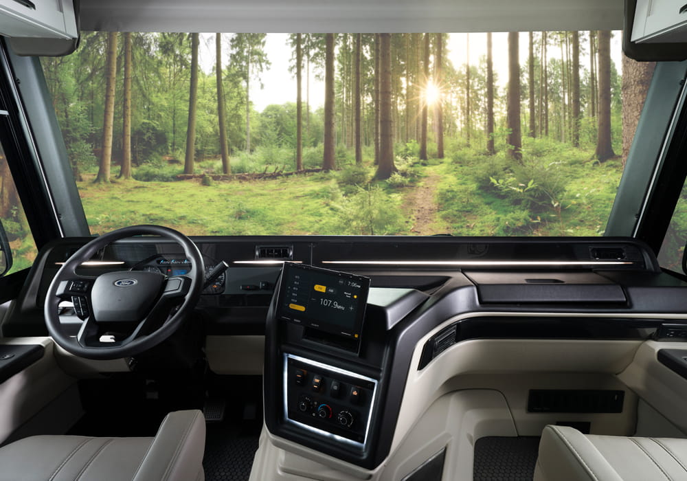 Entegra Coach Vision XL cockpit dashboard with windshield view