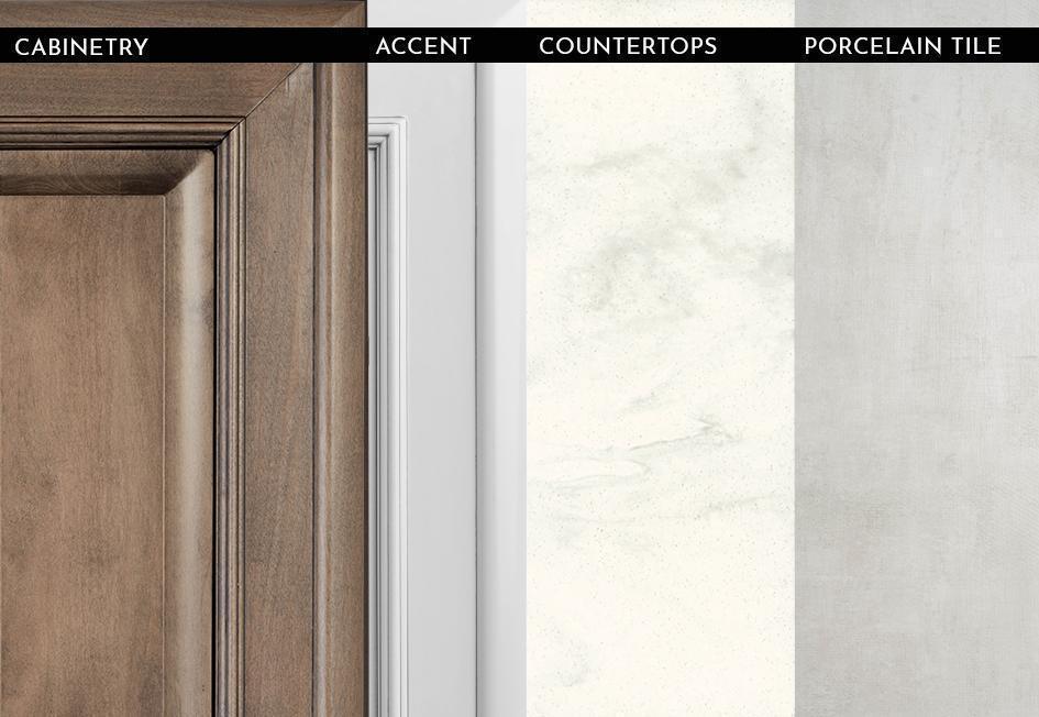 2023 Anthem - Almond Glazed Maple with Linen Overhead Cabinets and Tapestry Bianco Matte Finish Porcelain Floor Tile
