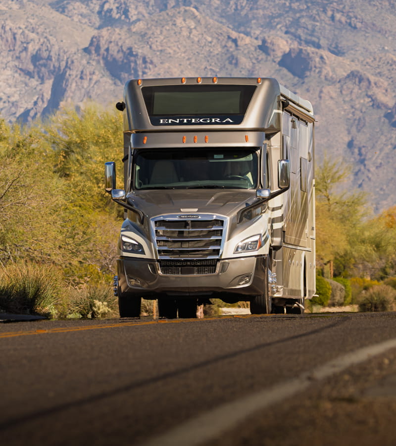 Entegra Coach Super C motorhome on desert road