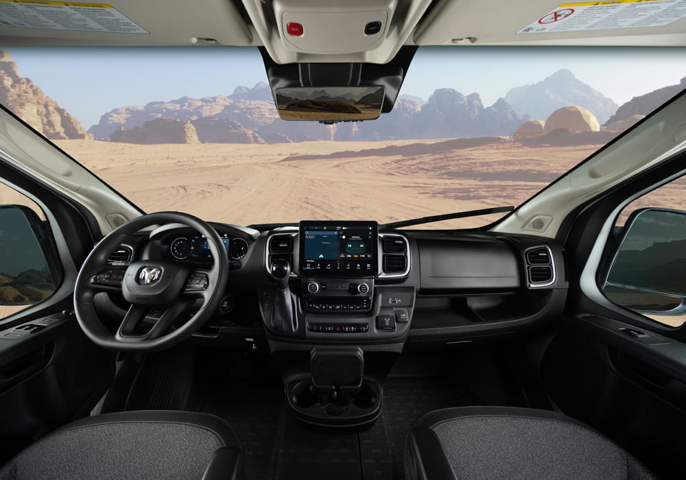 Entegra Coach Arc cockpit dashboard with desert windshield view