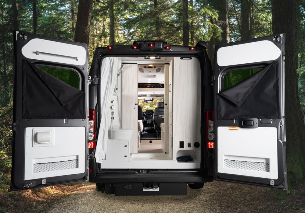Entegra Coach Arc rear doors open with bed visible