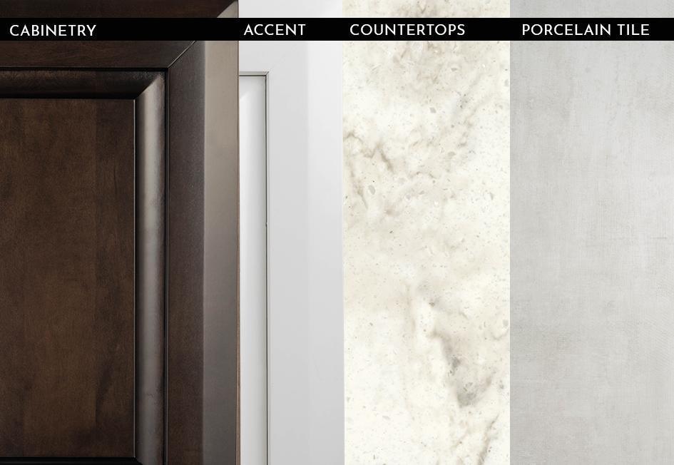 2023 Cornerstone - Auburn Glazed Maple with Linen Overhead Cabinets and Tapestry Bianco Matte Finish Porcelain Floor Tile