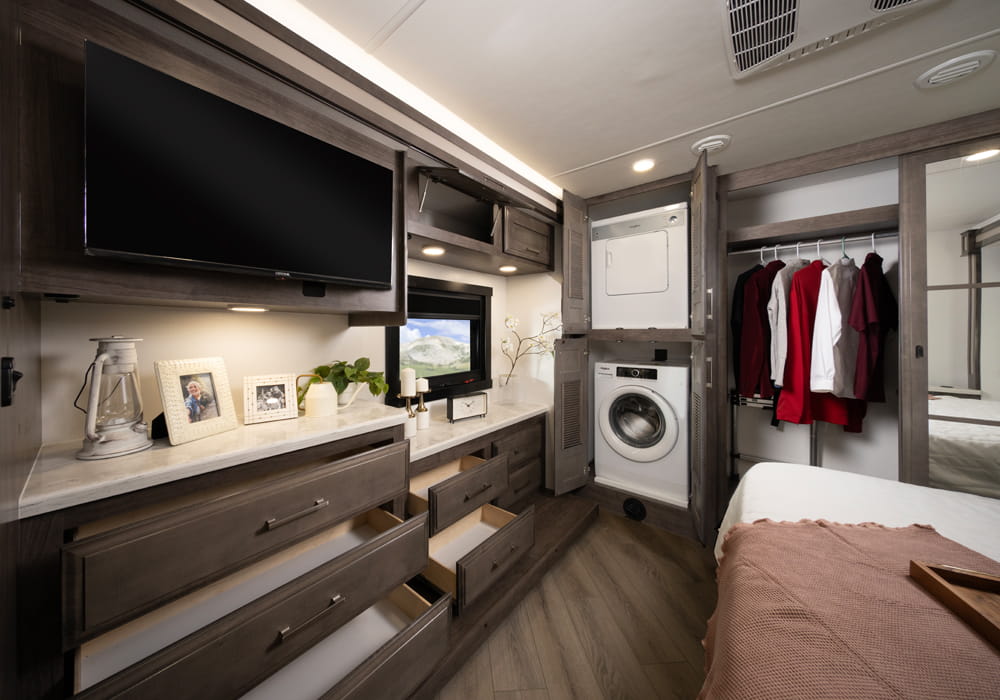 Entegra Coach Emblem hallway with washer and dryer closet