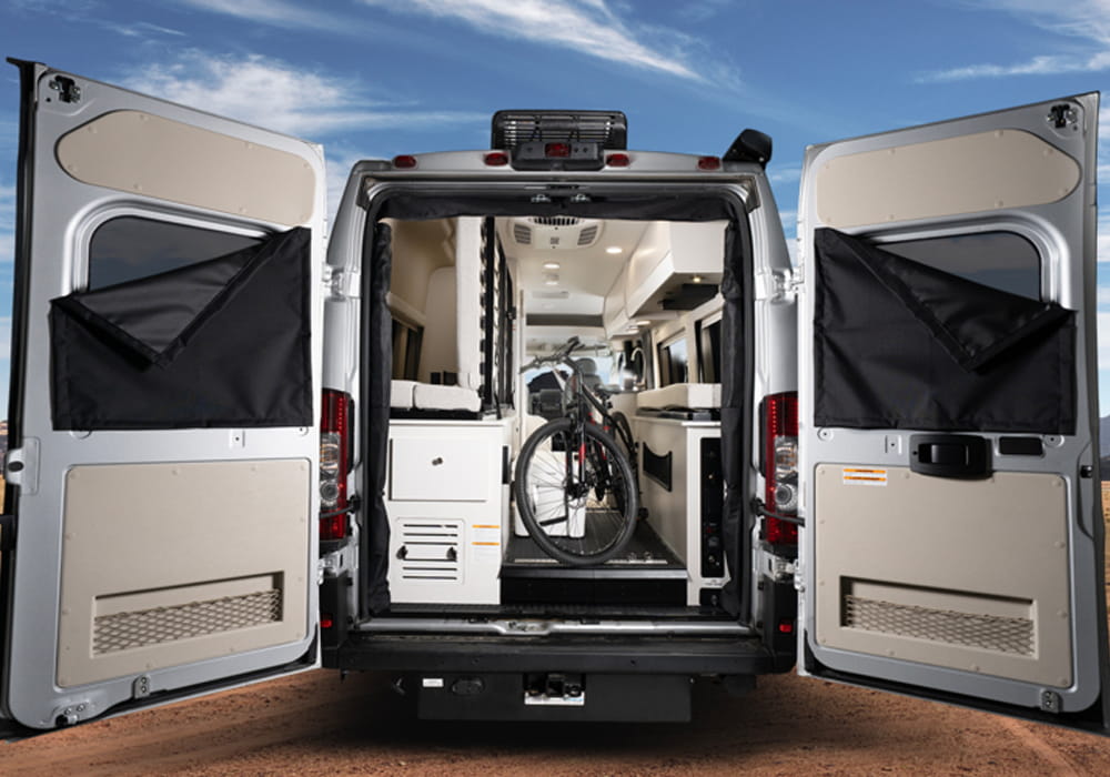 Entegra Coach Ethos rear doors open with kitchen