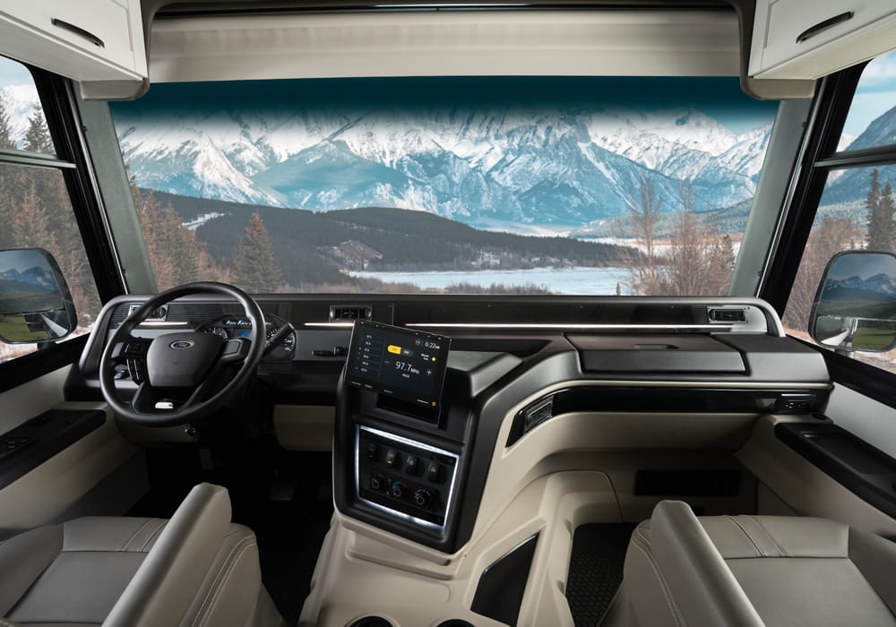 Entegra Coach Vision cockpit dashboard with mountain view