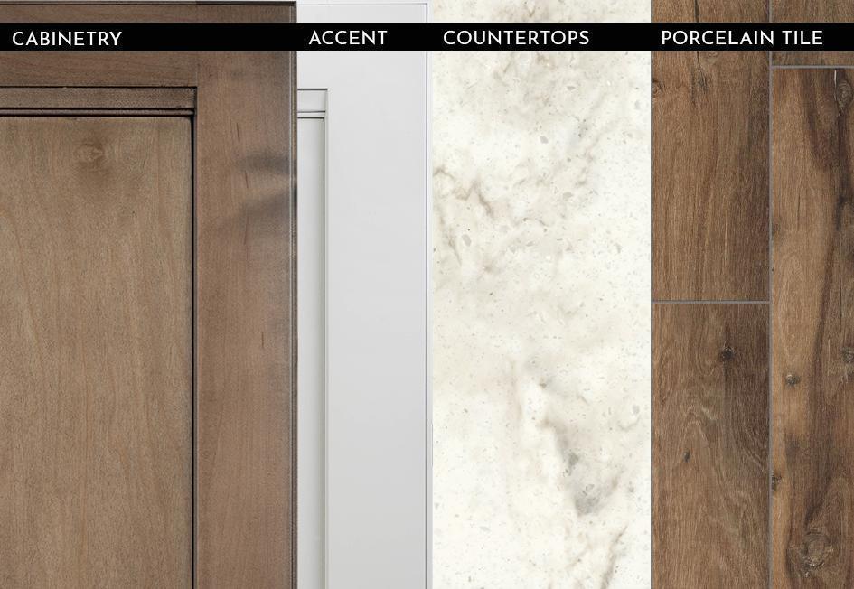 2023 Aspire - Almond Glazed Maple with Linen Overhead Cabinets and Harvest Wheat Woodgrain Porcelain Tile Floor