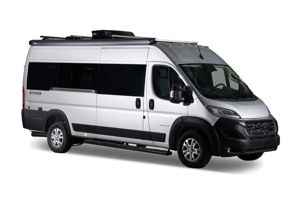 Entegra Coach Ethos exterior side view with awning
