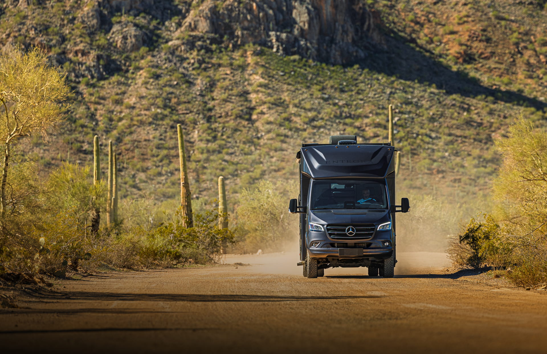 Entegra Coach Class C motorhome on desert road
