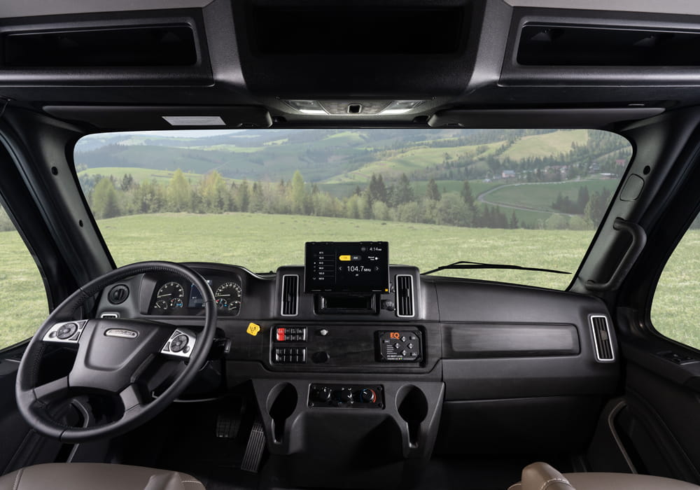 Entegra Coach Accolade cockpit dashboard with windshield mountain view