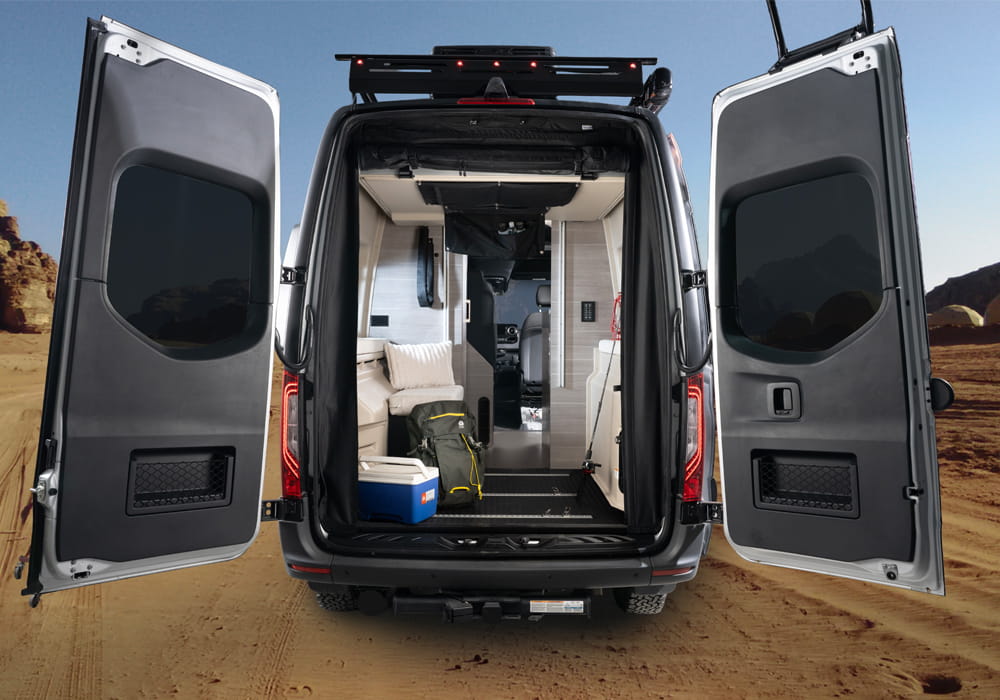 Entegra Coach Launch rear doors open with bed visible