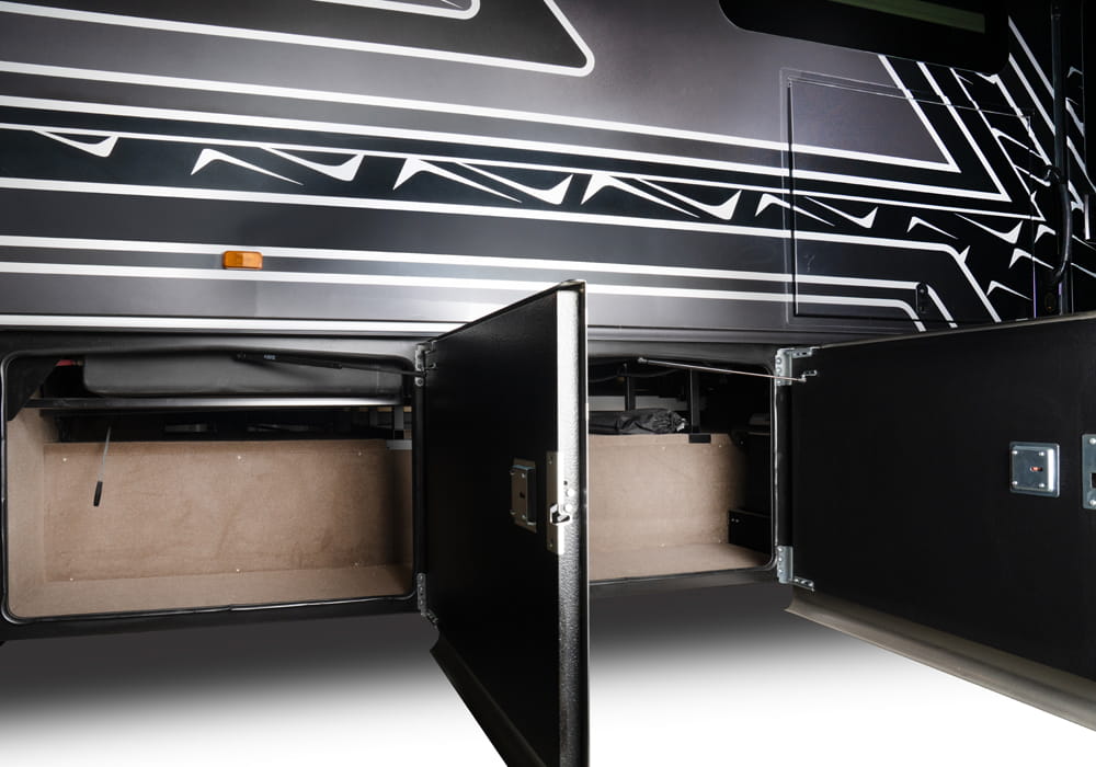 Entegra Coach Accolade XL exterior storage compartment open