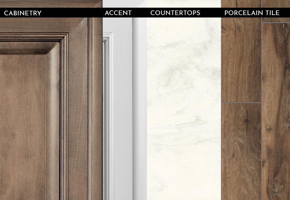 2023 Anthem - Almond Glazed Maple with Linen Overhead Cabinets and Harvest Wheat Woodgrain Porcelain Floor Tile