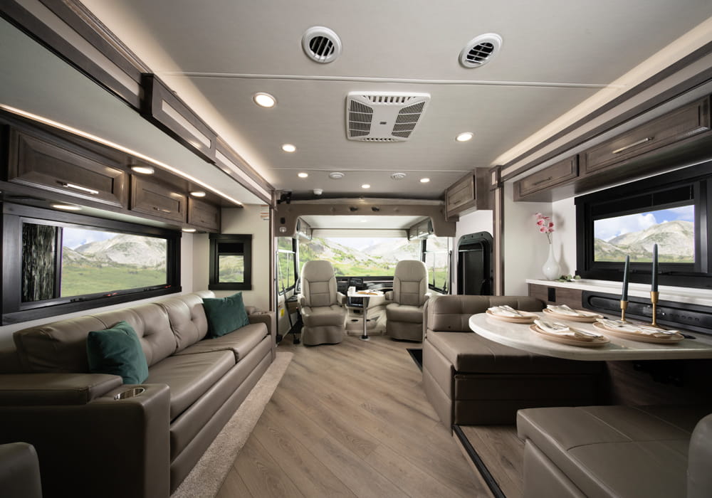 Entegra Coach Emblem interior with dinette and galley
