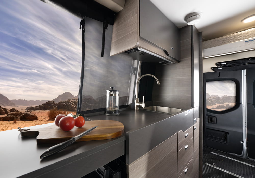 Entegra Coach Launch kitchen with windshield view