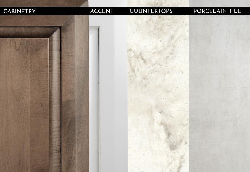 2023 Cornerstone - Almond Glazed Maple with Linen Overhead Cabinets and Tapestry Bianco Matte Finish Porcelain Floor Tile