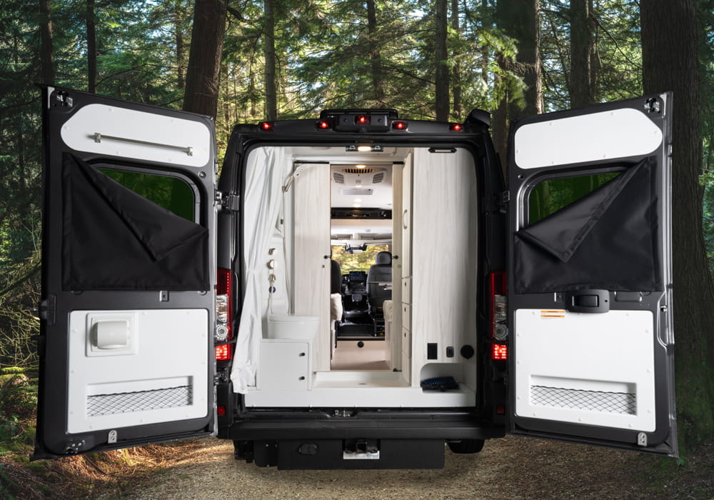 Entegra Coach Arc rear doors open with kitchen