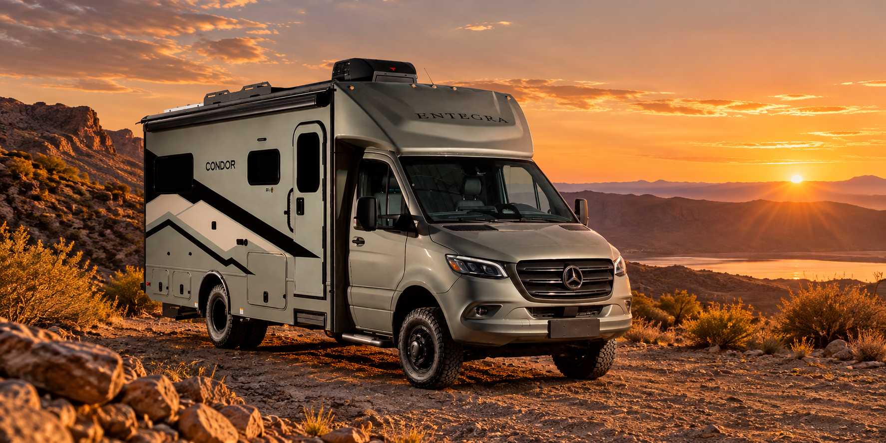 Rugged RV Beneath A Desert Sunset