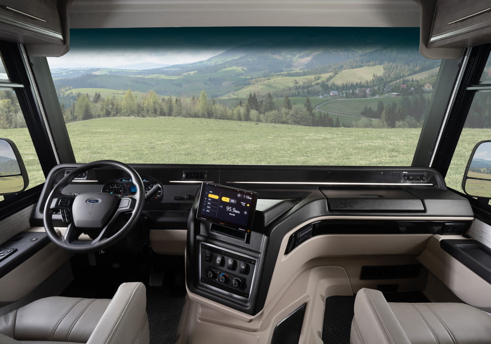 Entegra Coach Emblem cockpit dashboard with windshield view