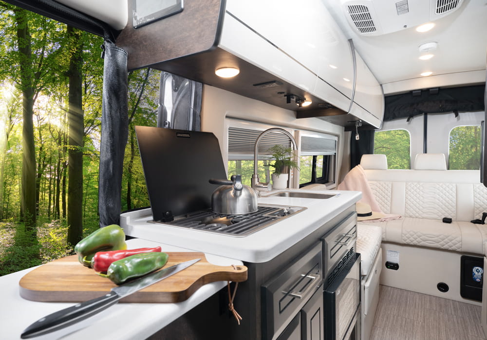 Entegra Coach Expanse kitchen with side door open at campsite