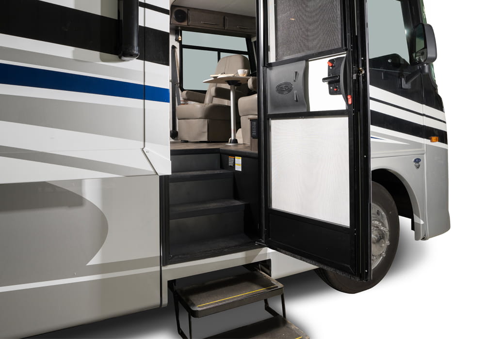 Entegra Coach Emblem entry door with deployed steps