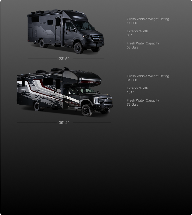 Entegra Coach motorhomes lined up for model comparison